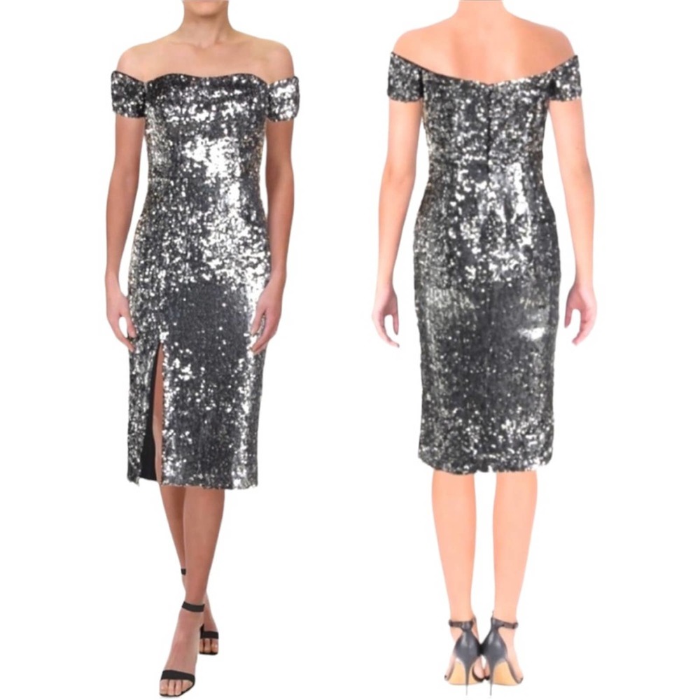 Dress the Population Small Silver Sequin Mini Off the Shoulder Cocktail Dress
